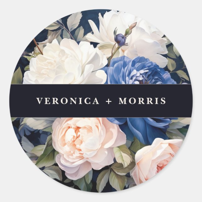 Adesivo Redondo Marinho Azul e Pincel Pintado Casamento Floral Ros (Frente)