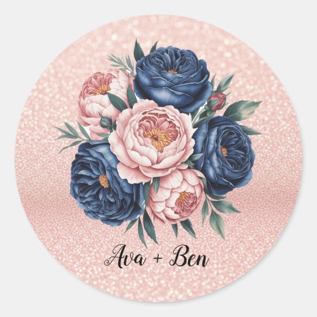 Adesivo Redondo Marinho Azul e Rosa Dourado Casamento Floral (Frente)
