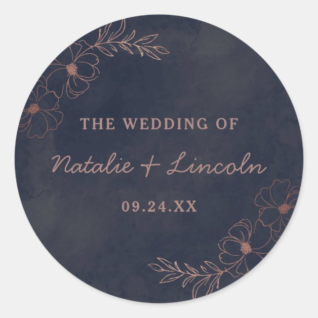 Adesivo Redondo Marinho Azul e Rosa Dourado Monograma Casamento Ru (Frente)