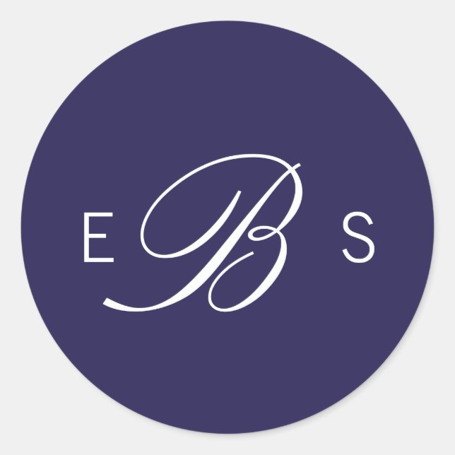 Adesivo Redondo Marinho Azul Elegante Monograma Vinhetas de Casame (Frente)