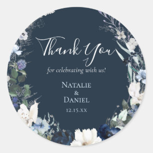 Adesivo Redondo Marinho Azul Floral Casamento Obrigado