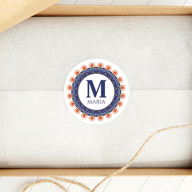 Adesivo Redondo Marinho Azul Monograma Nome Mandala Personalizado (Navy blue mandala sticker)
