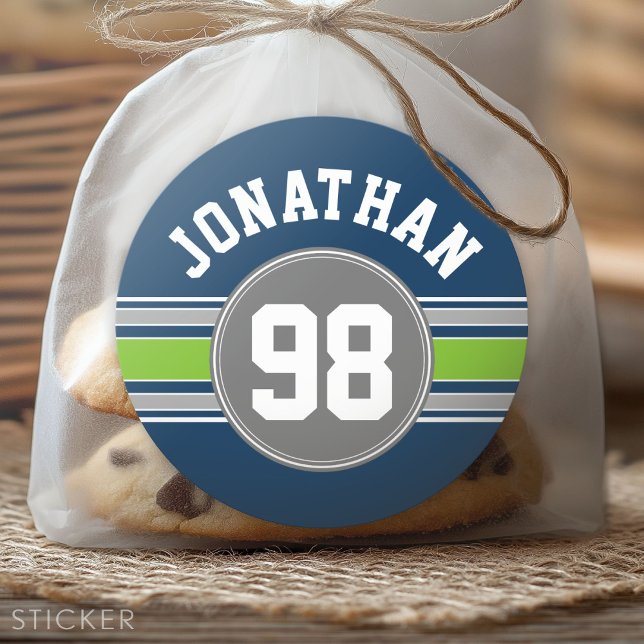 Adesivo Redondo Marinho azul Verde Sports Jersey Stripe Nome (Custom Sticker for Party Favors and Envelopes)