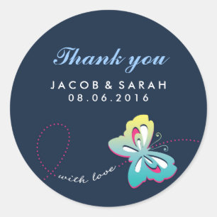 Adesivo Redondo Marinho Blue Butterfly Casamento Obrigado Sticker