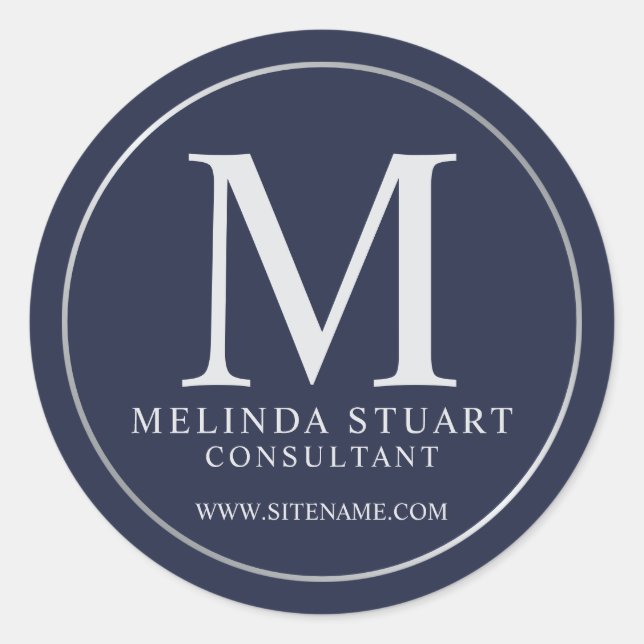 Adesivo Redondo Marinho Blue e Silver Eleger Monogramas Business (Frente)