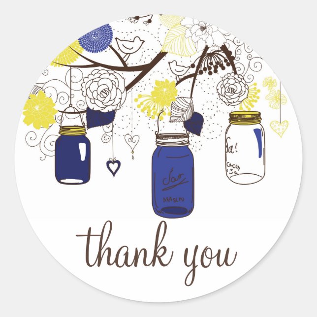 Adesivo Redondo Marinho Blue e Yellow Mason Jars Obrigado Sticker (Frente)