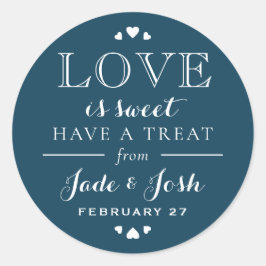 Adesivo Redondo Marinho Blue Hearts Love is Sweet Wedding Favor