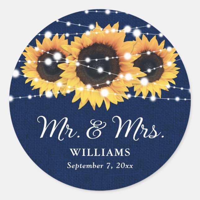 Adesivo Redondo Marinho Blue Mr e Sra. Sunflower Wedding Stickers (Frente)