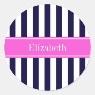 Adesivo Redondo Marinho Blue Stripe Hot Pink Nome Monograma