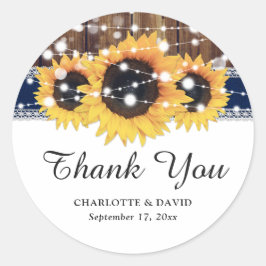 Adesivo Redondo Marinho Blue Wood Burlap Lace Sunflower Wedée