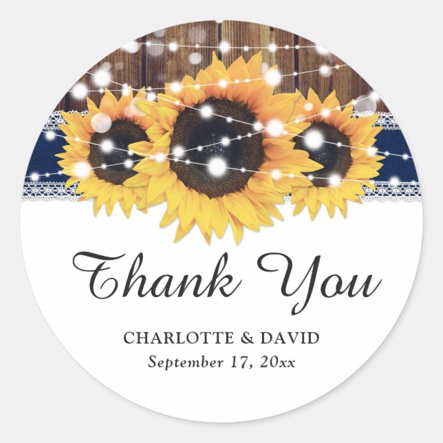 Adesivo Redondo Marinho Blue Wood Burlap Lace Sunflower Wedée (Frente)