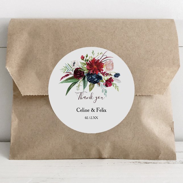 Adesivo Redondo Marinho Borgonha Moderna Blush Floral Obrigado Por (Criador carregado)