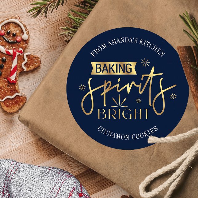 Adesivo Redondo Marinho Brilhante De Bebidas Espirituosas E Cookie (Navy and gold holiday baking packaging label for your home baked gifts or cookie exchange)