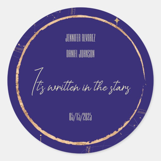 Adesivo Redondo Marinho Celestial da Noite Azul e Casamento Dourad (Frente)
