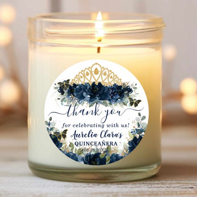 Adesivo Redondo Marinho Chic Blue Floral Rosas Borboletas Favor (Criador carregado)