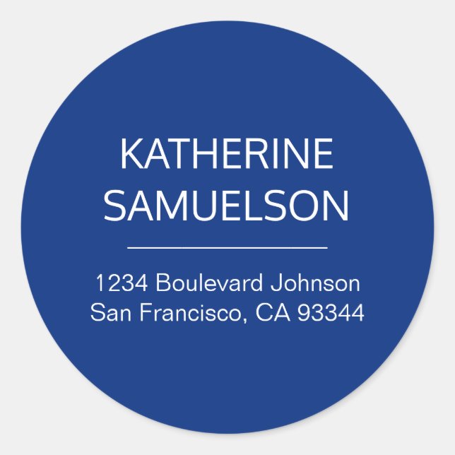 Adesivo Redondo Marinho Clássico Nome Branco Azul e Endereço de Re (Frente)