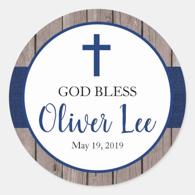 Adesivo Redondo Marinho de Batismo Rustic Boy Burlap & Wood Favor (Frente)