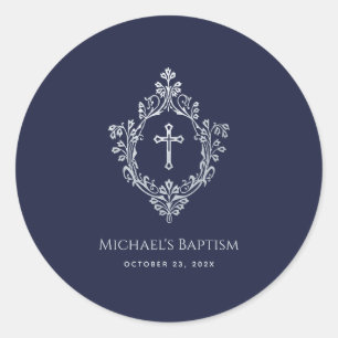 Adesivo Redondo Marinho de Batismo Vintage prateado azul Faux