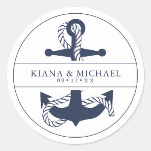 Adesivo Redondo Marinho de Casamento de Âncora de Onda Azul/Wht ID
