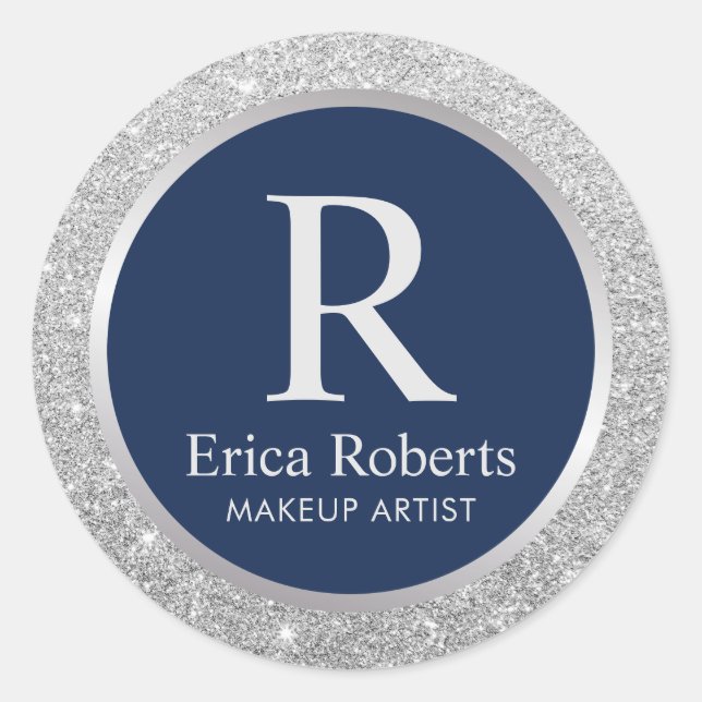 Adesivo Redondo Marinho de monograma - Glitter Elegante azul Elega (Frente)