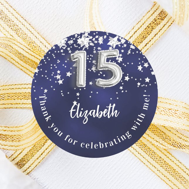 Adesivo Redondo Marinho de Quinceanera estrelas de prata azul (Criador carregado)