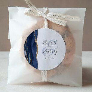 Adesivo Redondo Marinho de Script Geode Agate Casamento Dourado Az