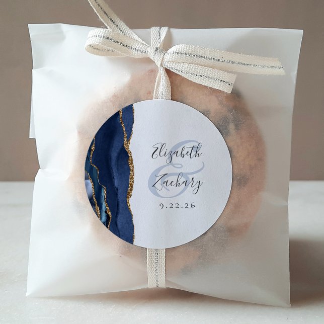 Adesivo Redondo Marinho de Script Geode Agate Casamento Dourado Az (Criador carregado)