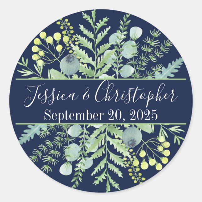 Adesivo Redondo Marinho de Vinhetas de Casamento Floral Eucalyptus (Frente)