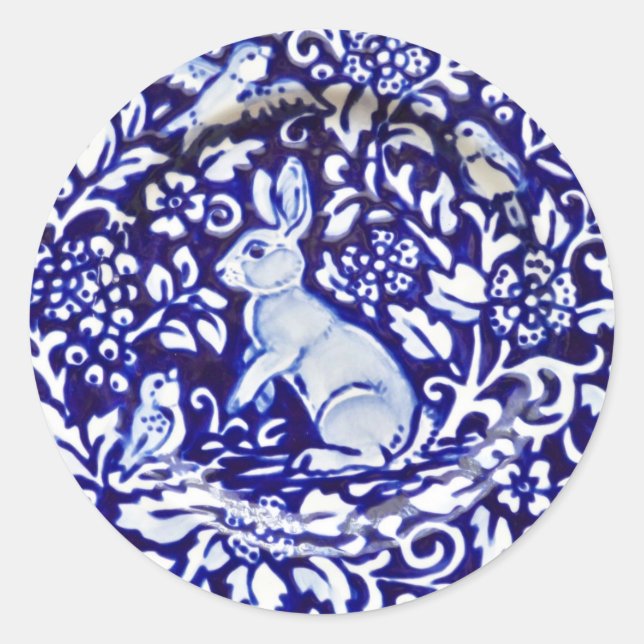 Adesivo Redondo Marinho Dedham Floral de Pássaro Branco Azul (Frente)