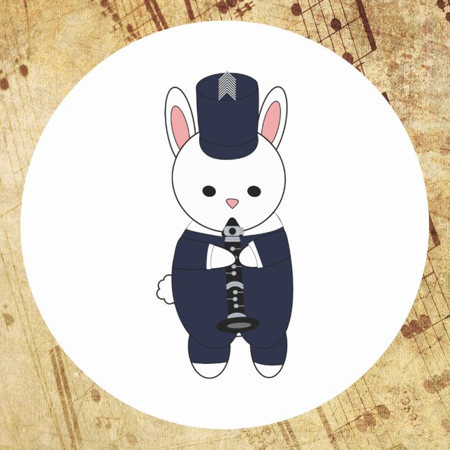 Adesivo Redondo Marinho do coelho da Banda Clarinet Marching (A sticker featuring a rabbit playing the clarinet in a navy blue & white marching band uniform)
