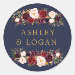Adesivo Redondo Marinho Dourado Marsala Floral Weding Favor Sticke