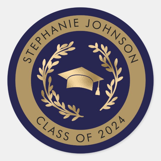 Adesivo Redondo Marinho e Classe Dourada de Graduação 2024 (Frente)