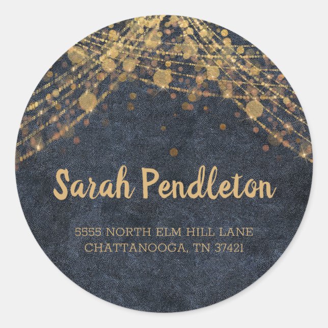 Adesivo Redondo Marinho Elegante Azul Dourado String Luzes Bokee E (Frente)