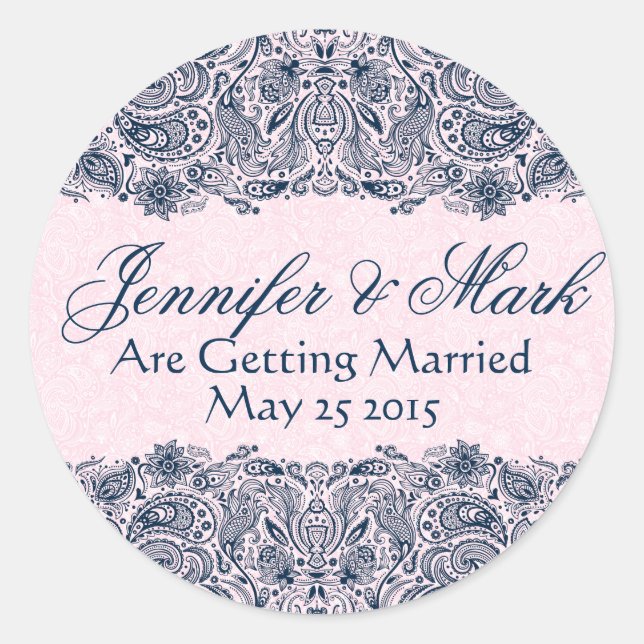 Adesivo Redondo Marinho Elegante Blue & Pinke Floral Paisley Lace (Frente)