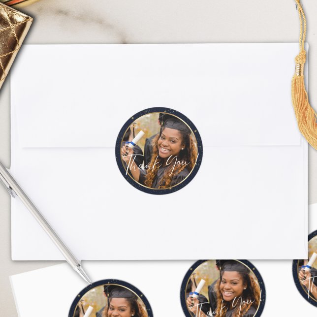 Adesivo Redondo Marinho Elegante Dourado Obrigado Graduação (Criador carregado)