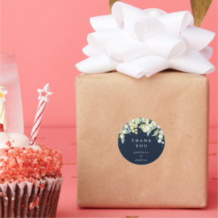 Adesivo Redondo Marinho Escuro Snowberry+Eucalyptus Casamento Obri