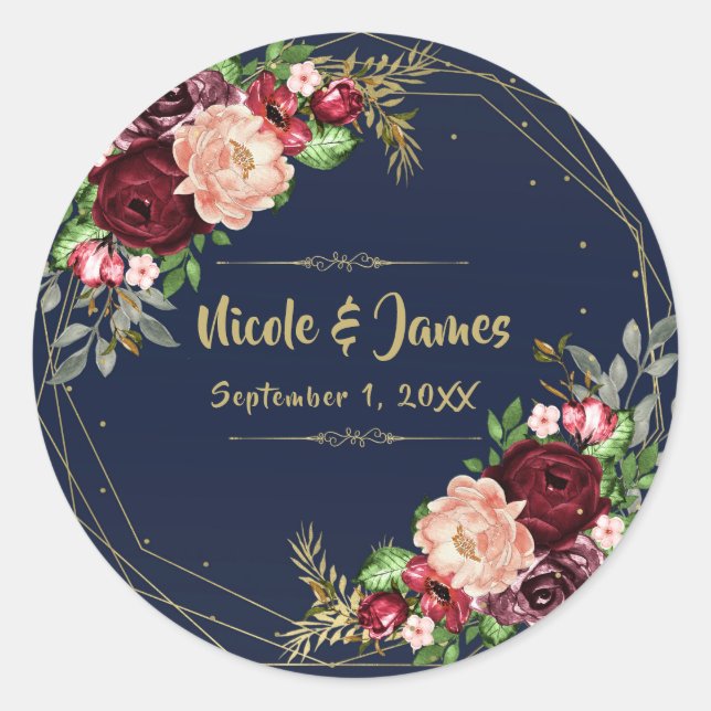 Adesivo Redondo Marinho Floral Azul Dourado e Borgonha (Frente)