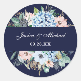 Adesivo Redondo Marinho Floral Azul Hydrangea Watercolor Casamento