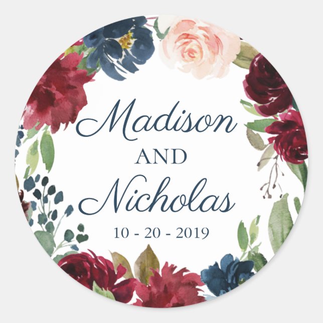 Adesivo Redondo Marinho Marsala Invólucro Floral Vinhetas de Selo (Frente)