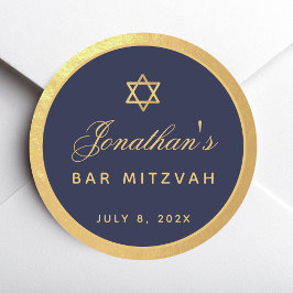 Adesivo Redondo Marinho Mitzvah bar Blue Faux Dourado Script Elega
