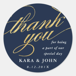Adesivo Redondo Marinho Moderno Único e Script Dourado Obrigado