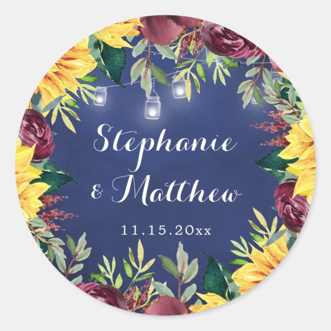 Adesivo Redondo Marinho Sunflower Mason Jars Lights Casamento Flor (Frente)