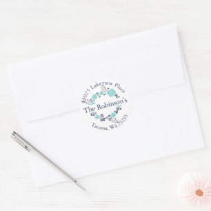 Adesivo Redondo Marinho Teal Blue Floral Wreath Round Endereço de