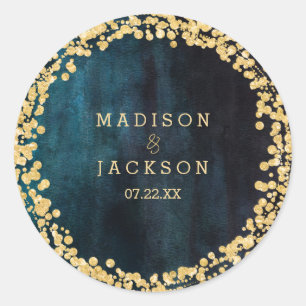 Adesivo Redondo Marinho Teal Watercolor e Monograma Dourado Casame