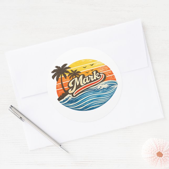 Adesivo Redondo Mark Retro Sunset Name Design (Envelope)