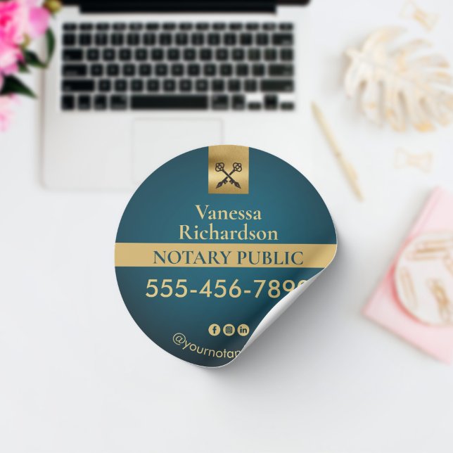 Adesivo Redondo Marketing notário azul e Dourado profissional (Criador carregado)