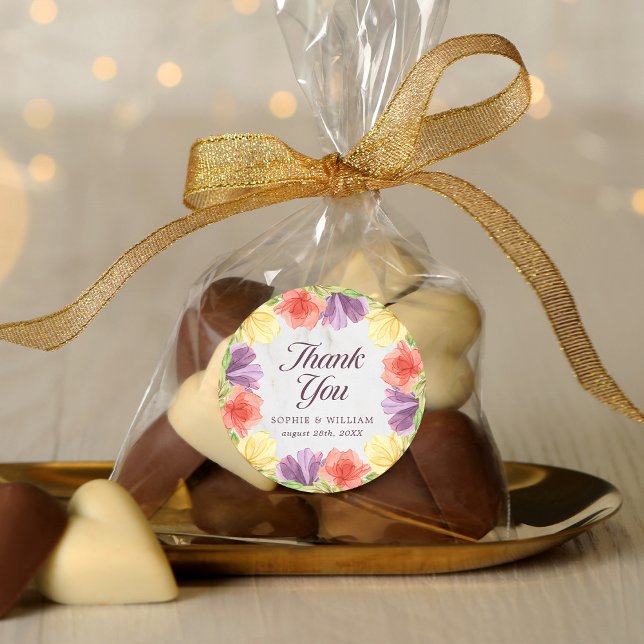 Adesivo Redondo Mármore Agradecimento de Flores Vibrantes (Criador carregado)