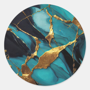 Adesivo Redondo Mármore Azul Teal Profundo com Veias de Ouro Ousad