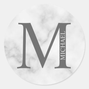 Adesivo Redondo Mármore Branco Monograma e Nome Personalizados