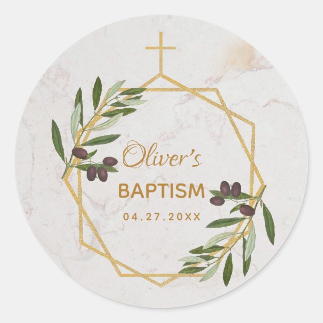 Adesivo Redondo Mármore do Batismo Ramalhete de Oliveira Botânico  (Frente)